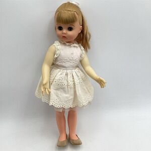 Vintage 16in Blonde Girl Doll Sleep Eyes White Eyelet Dress Bow Shoes